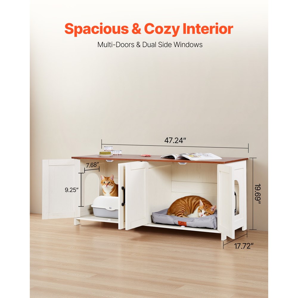 VEVOR Cat Litter Box Enclosure for Multi Cats, 47.2 in Hidden Litter Box Cabinet with 4 Doors & 2 Entries, Indoor Cat