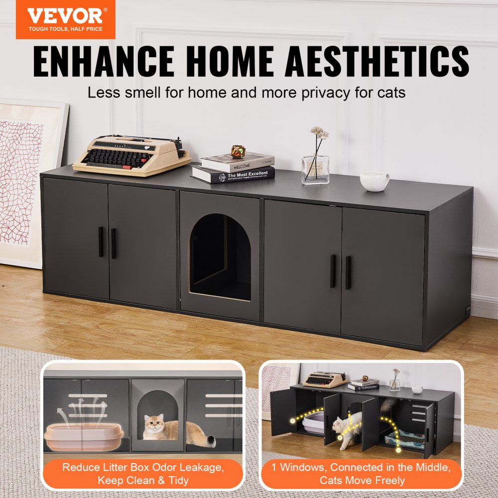 VEVOR Cat Litter Box Enclosure for 2 Cats, Litter Box Furniture Hidden with Double Rooms, Wooden Cat Box Cabinet Fit