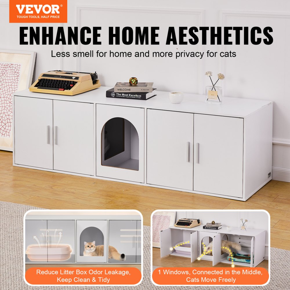 VEVOR Cat Litter Box Enclosure for 2 Cats, Litter Box Furniture Hidden with Double Rooms, Wooden Cat Box Cabinet Fit