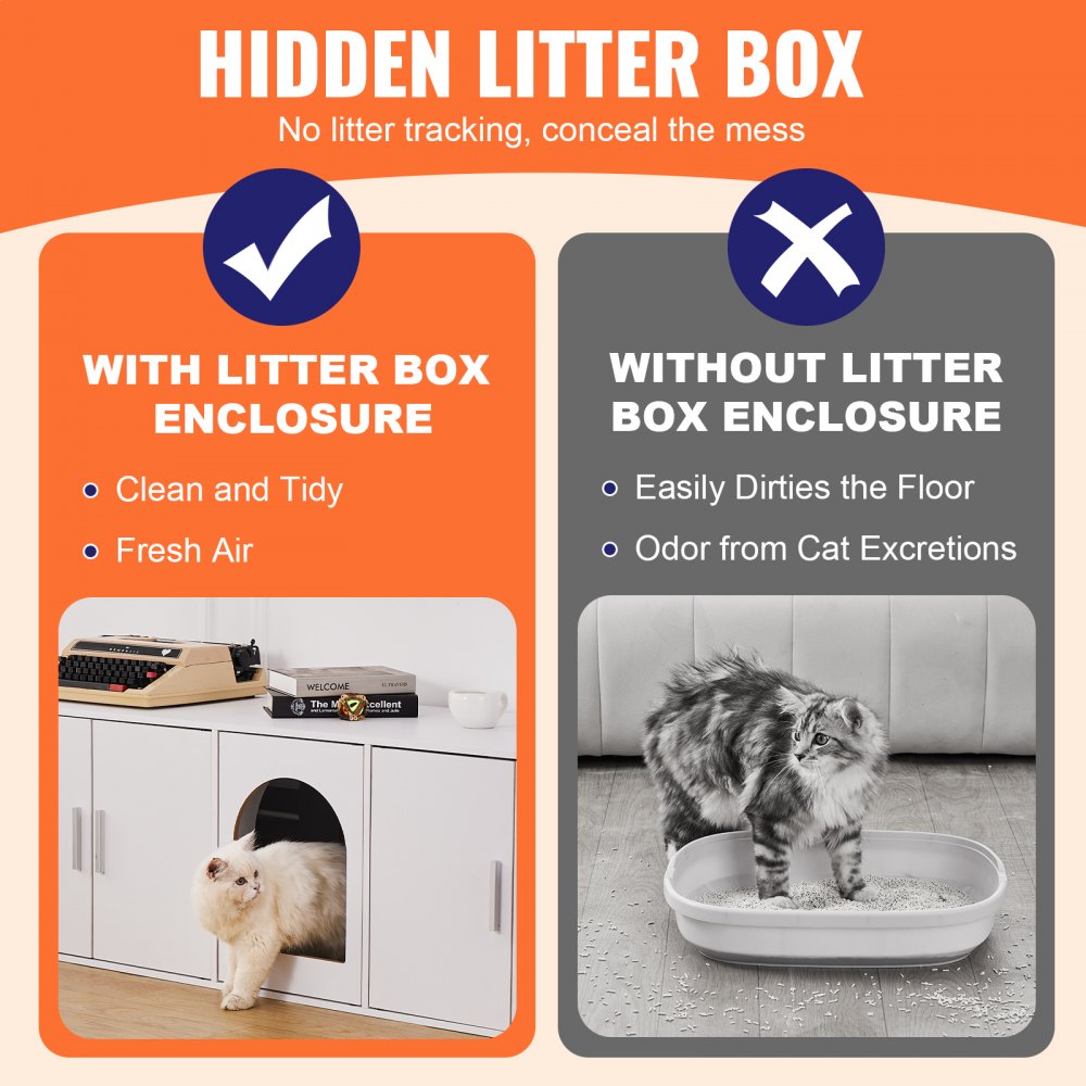 VEVOR Cat Litter Box Enclosure for 2 Cats, Litter Box Furniture Hidden with Double Rooms, Wooden Cat Box Cabinet Fit