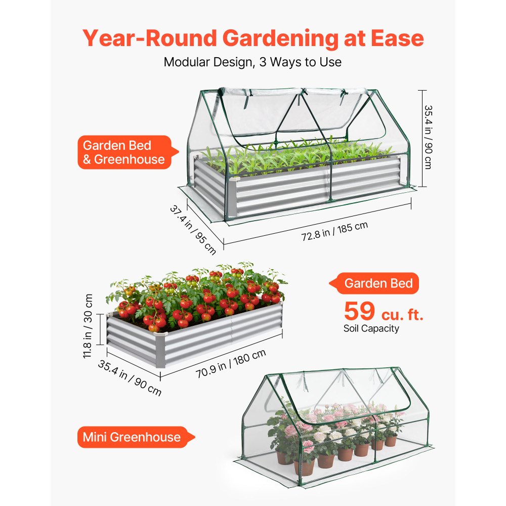 VEVOR Raised Garden Bed with Cover, 6 x 3 x 1 ft, Rectangular Galvanized Metal Planter Box Kit Outdoor, with PE
