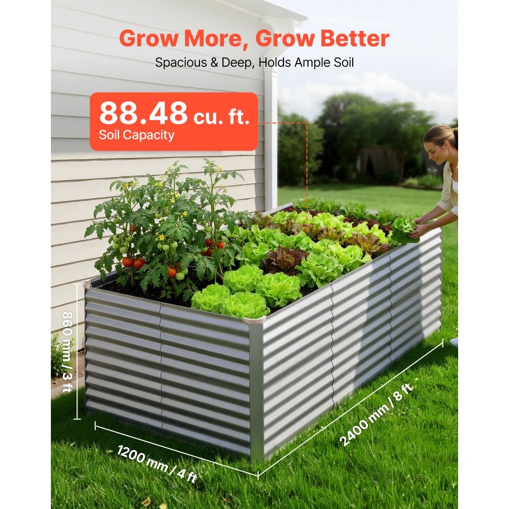 VEVOR Galvanized Raised Garden Bed, 8 x 4 x 3 ft, Rectangular Metal Planter Box Kit Outdoor, Bottomless Elevated