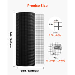 VEVOR Hardware Cloth 24 in x 50 ft, 1/2 in 19 Gauge Galvanized Wire Mesh Roll, Weather-Resistant Vinyl Coated Chicken