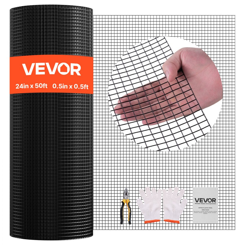 VEVOR Hardware Cloth 24 in x 50 ft, 1/2 in 19 Gauge Galvanized Wire Mesh Roll, Weather-Resistant Vinyl Coated Chicken