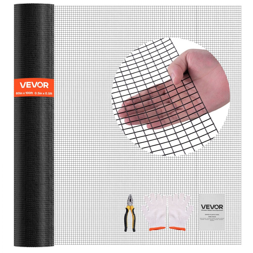 VEVOR Hardware Cloth 60 in x 100 ft, 1/2 in 19 Gauge Galvanized Wire Mesh Roll, Weather-Resistant Vinyl Coated Chicken