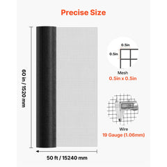 VEVOR Hardware Cloth 60 in x 50 ft, 1/2 in 19 Gauge Galvanized Wire Mesh Roll, Weather-Resistant Vinyl Coated Chicken