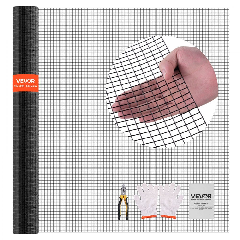 VEVOR Hardware Cloth 72 in x 50 ft, 1/2 in 19 Gauge Galvanized Wire Mesh Roll, Weather-Resistant Vinyl Coated Chicken
