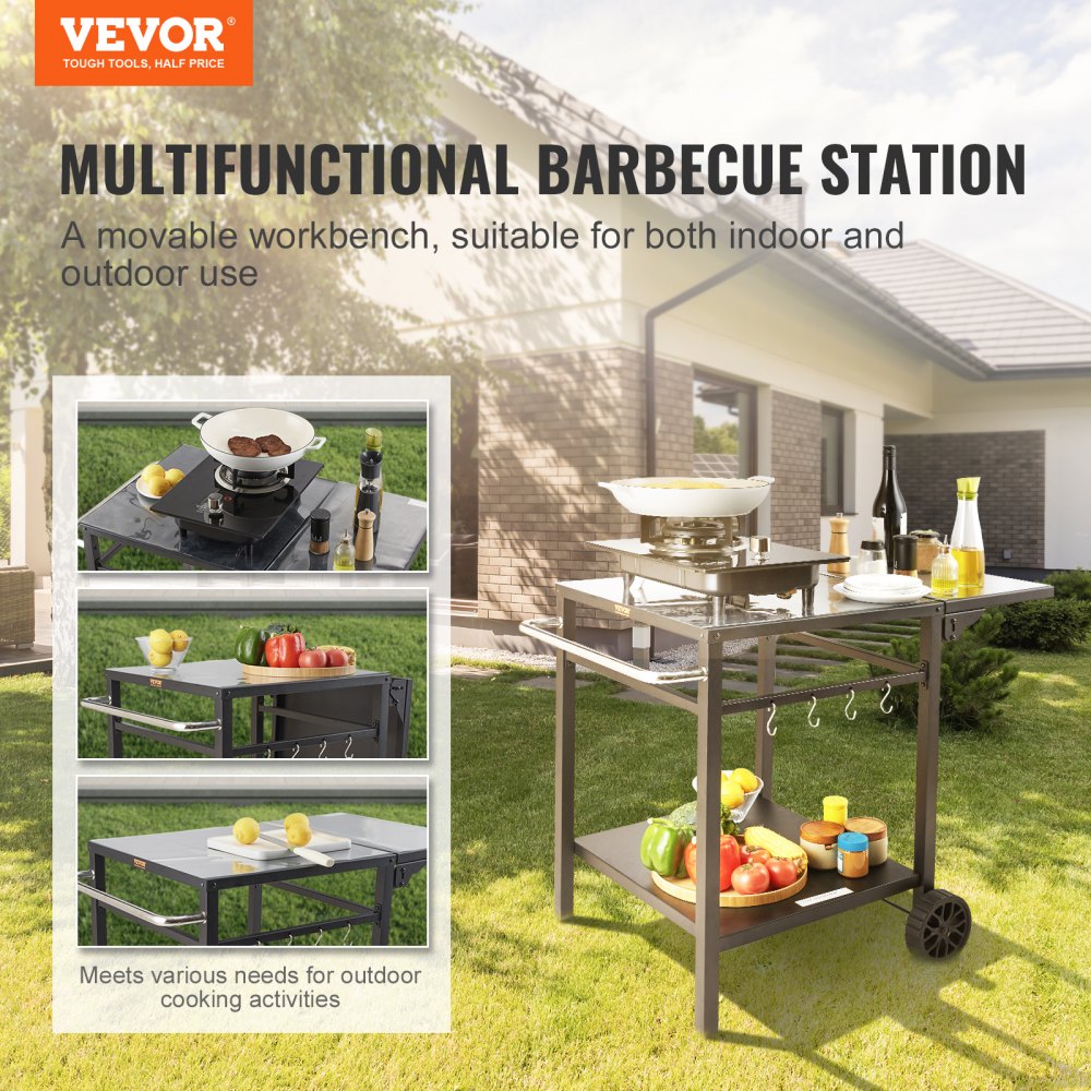 VEVOR Outdoor Grill Dining Cart with Double-Shelf, BBQ Movable Food Prep Table, Multifunctional Foldable Iron Table