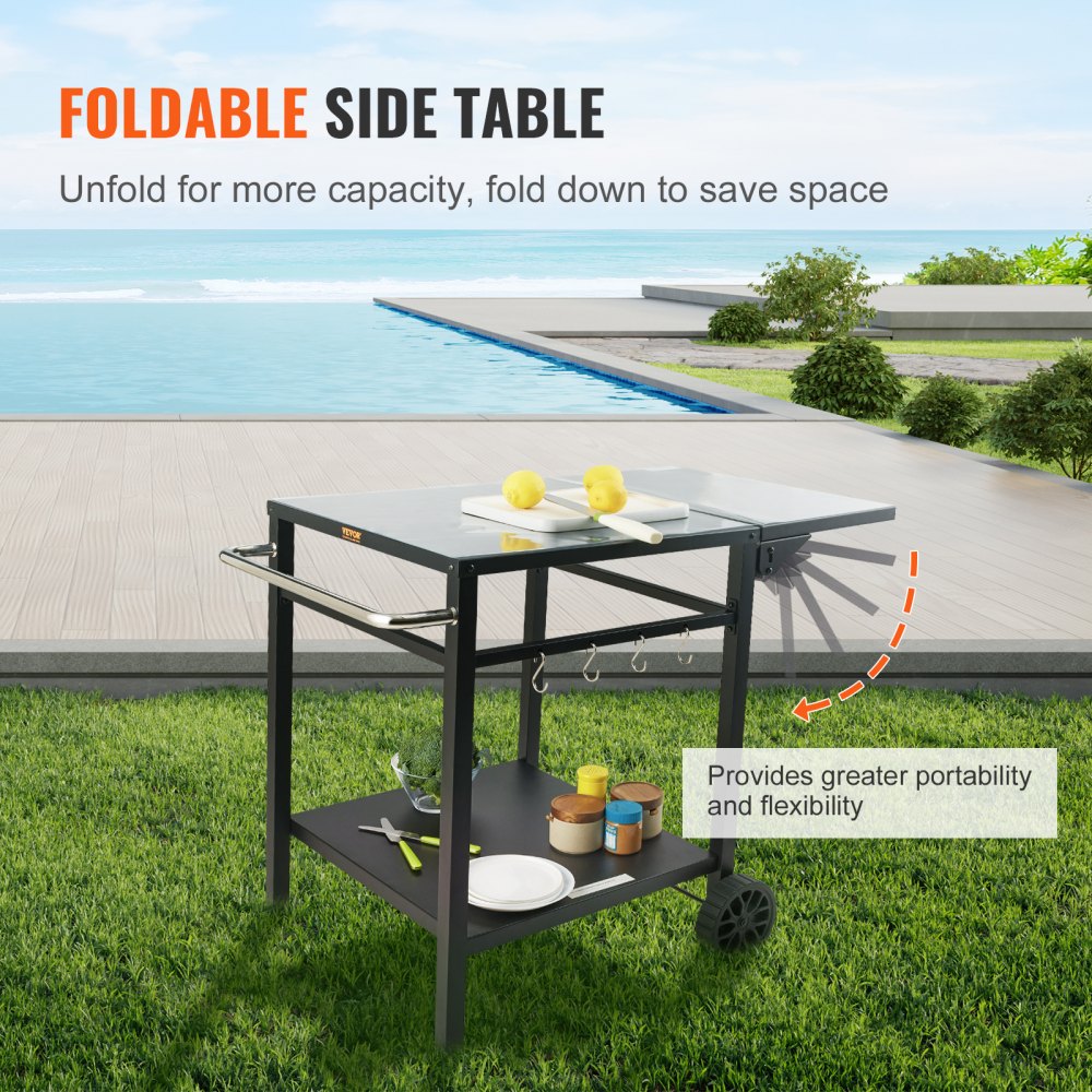 VEVOR Outdoor Grill Dining Cart with Double-Shelf, BBQ Movable Food Prep Table, Multifunctional Foldable Iron Table