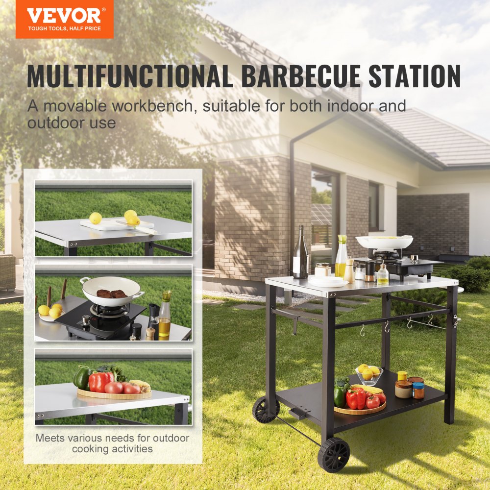 VEVOR Outdoor Grill Dining Cart with Double-Shelf, BBQ Movable Food Prep Table, Multifunctional Stainless Steel Table