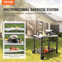 VEVOR Outdoor Grill Dining Cart with Double-Shelf, BBQ Movable Food Prep Table, Multifunctional Stainless Steel Table