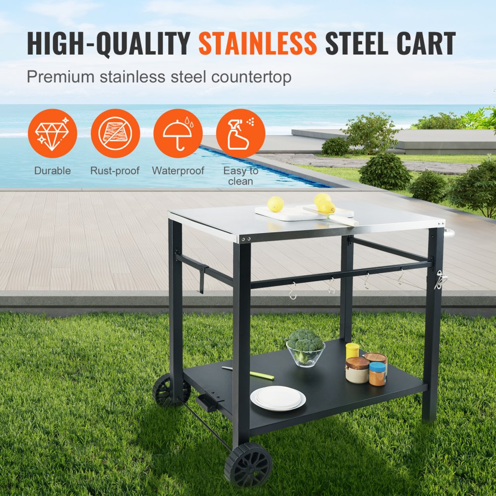 VEVOR Outdoor Grill Dining Cart with Double-Shelf, BBQ Movable Food Prep Table, Multifunctional Stainless Steel Table