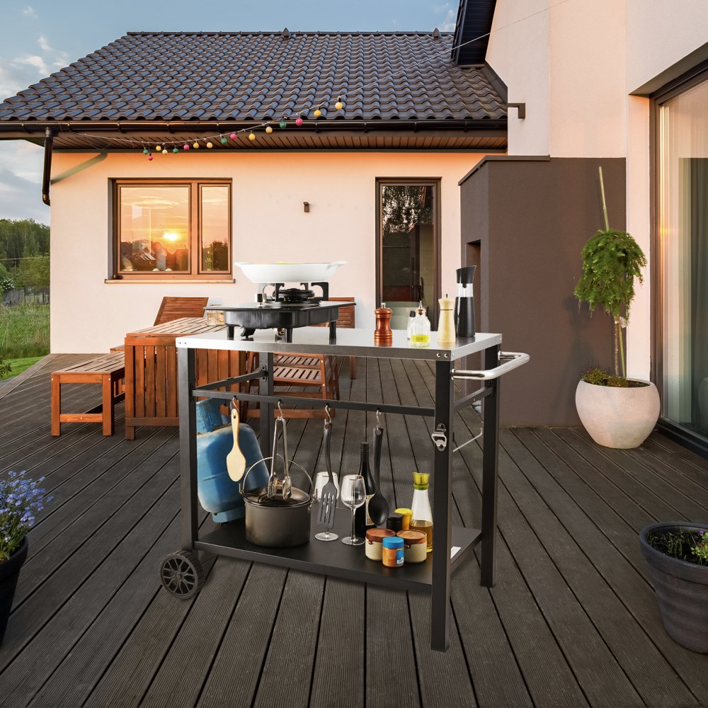 VEVOR Outdoor Grill Dining Cart with Double-Shelf, BBQ Movable Food Prep Table, Multifunctional Stainless Steel Table
