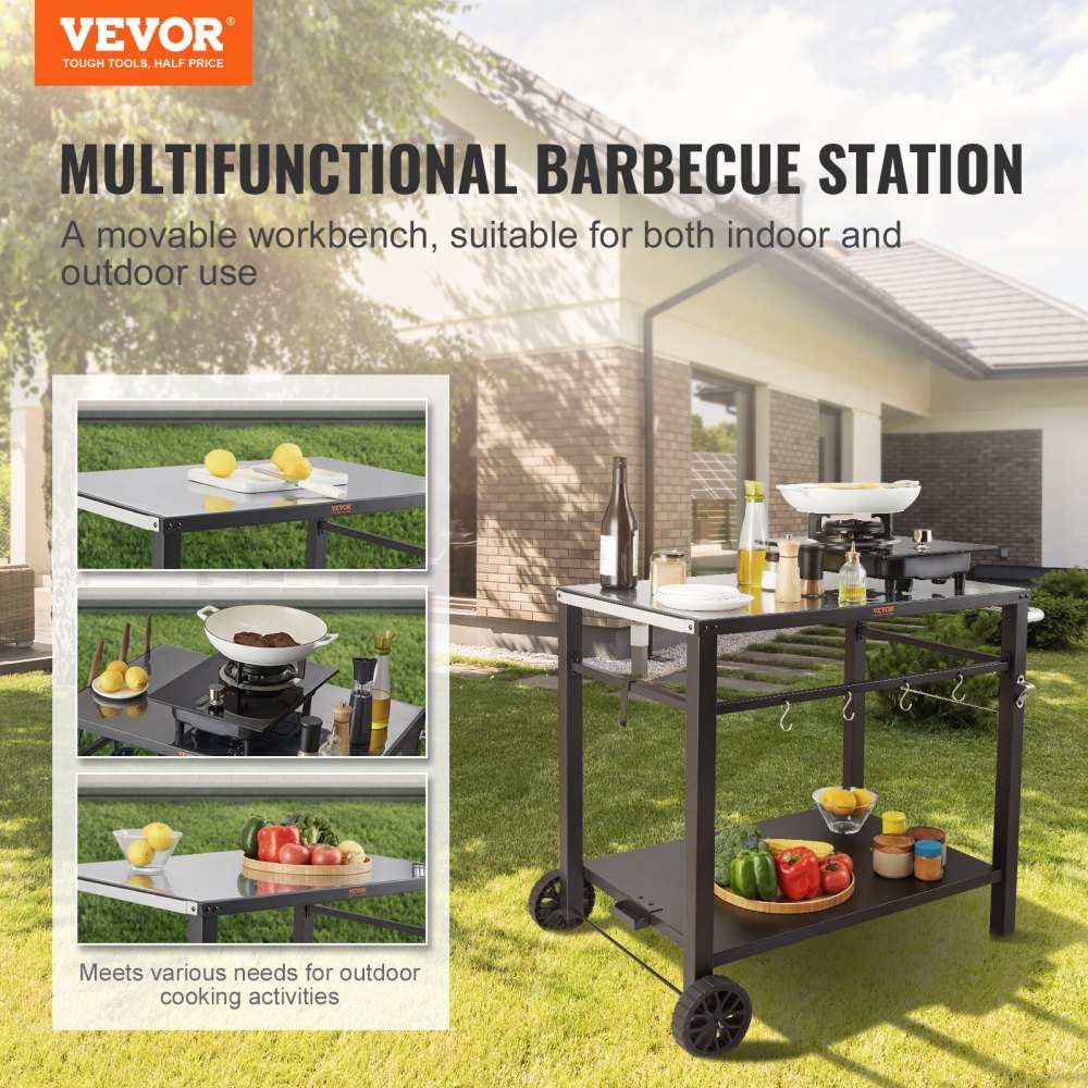VEVOR Outdoor Grill Dining Cart with Double-Shelf, BBQ Movable Food Prep Table, Multifunctional Iron Table Top