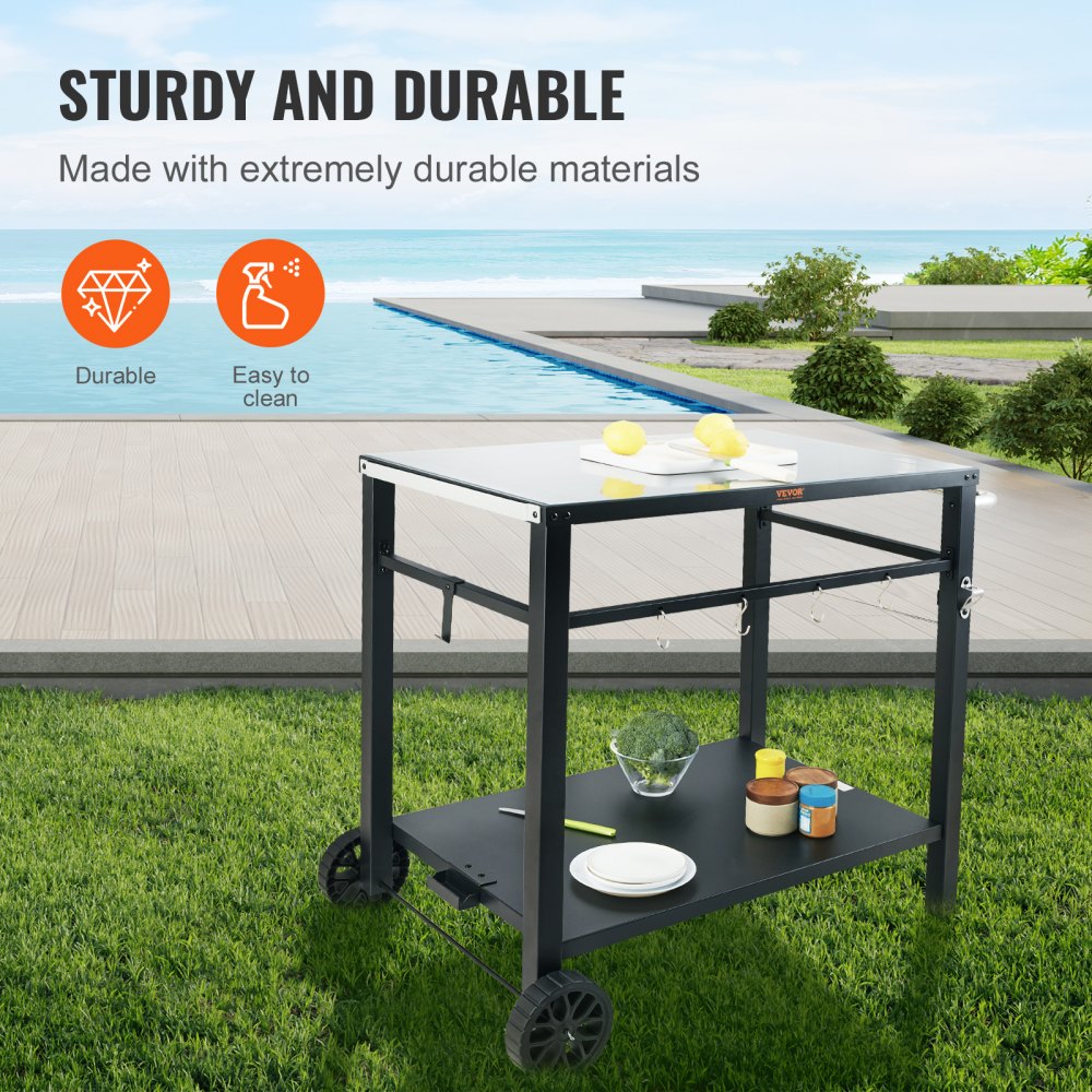 VEVOR Outdoor Grill Dining Cart with Double-Shelf, BBQ Movable Food Prep Table, Multifunctional Iron Table Top