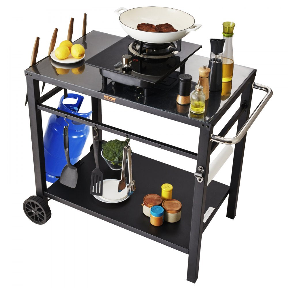 VEVOR Outdoor Grill Dining Cart with Double-Shelf, BBQ Movable Food Prep Table, Multifunctional Iron Table Top
