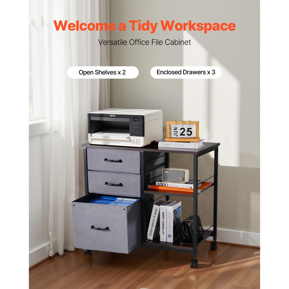 VEVOR Metal File Cabinet, Mobile Filing Cabinet with 3 Fabric Drawers and 2 Open Shelves, Wooden Vertical Filing