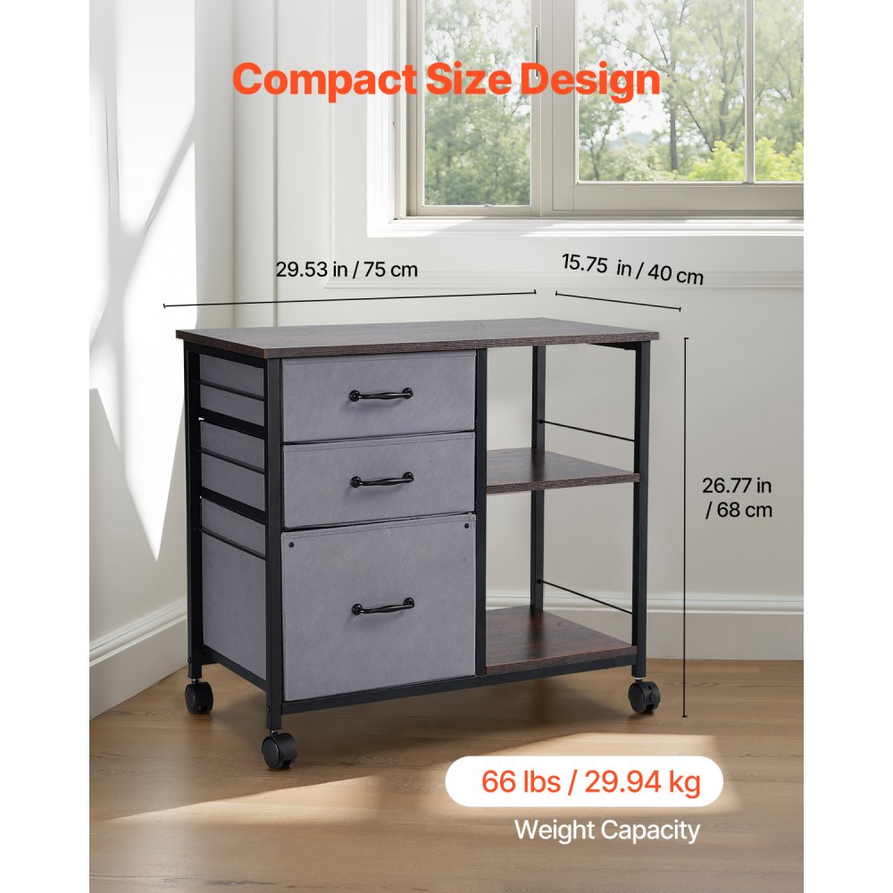 VEVOR Metal File Cabinet, Mobile Filing Cabinet with 3 Fabric Drawers and 2 Open Shelves, Wooden Vertical Filing