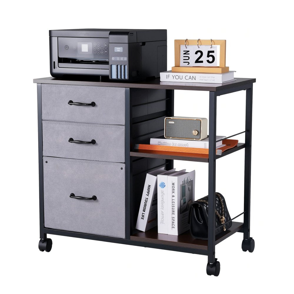 VEVOR Metal File Cabinet, Mobile Filing Cabinet with 3 Fabric Drawers and 2 Open Shelves, Wooden Vertical Filing