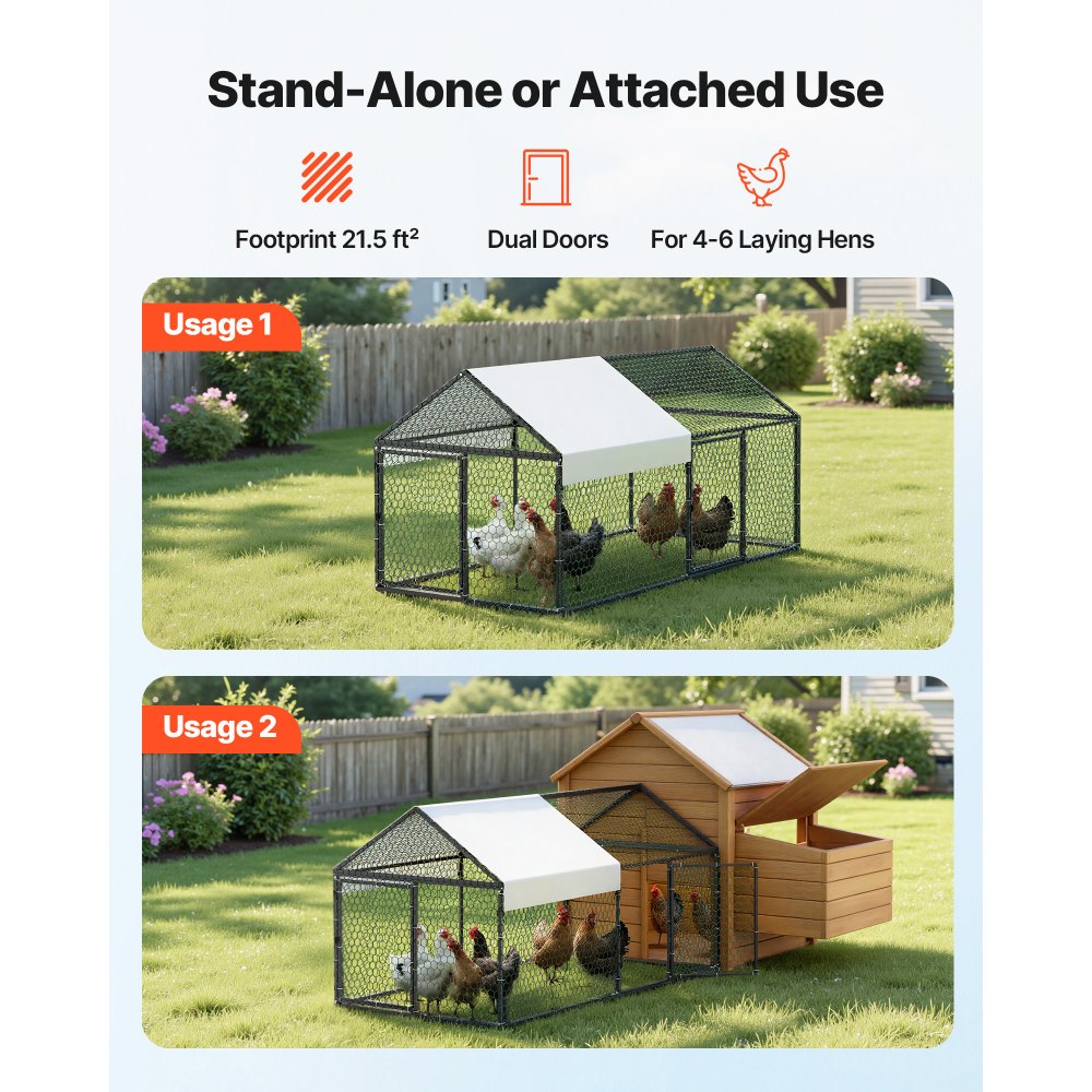 VEVOR Metal Chicken Coop for 4-6 Chickens, 3.3 x 6.6 x 3.3 ft, Small Chicken Cage with Waterproof Cover & Double Doors