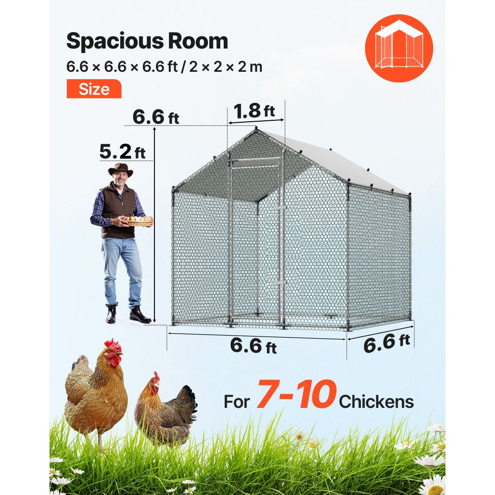 VEVOR Large Metal Chicken Coop 6.6x6.6x6.6 ft Walk-in Chicken Run House, Spire Roof Hen House Enclosure with Cover and