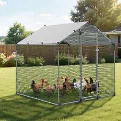 VEVOR Large Metal Chicken Coop 6.6x6.6x6.6 ft Walk-in Chicken Run House, Spire Roof Hen House Enclosure with Cover and