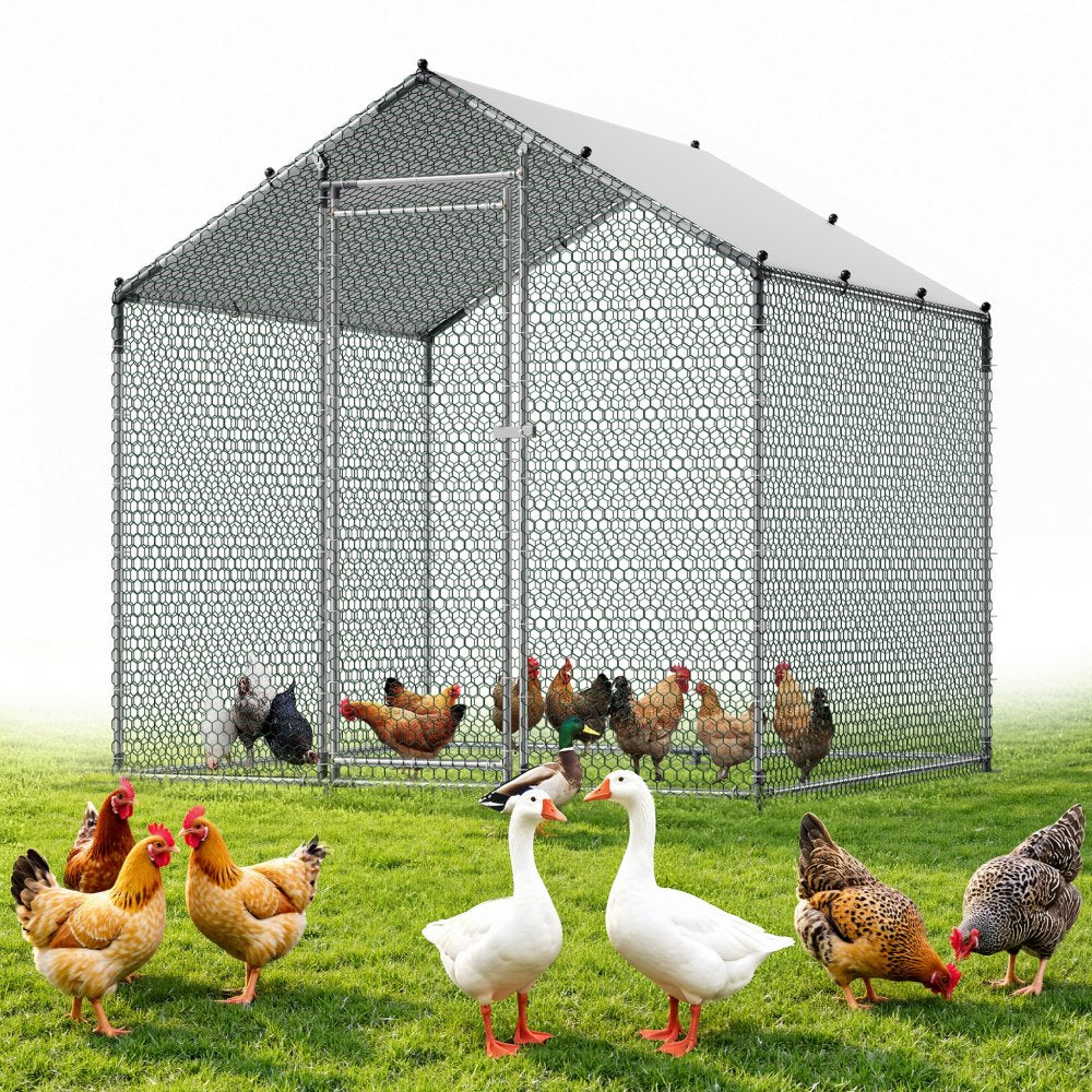 VEVOR Large Metal Chicken Coop 6.6x6.6x6.6 ft Walk-in Chicken Run House, Spire Roof Hen House Enclosure with Cover and