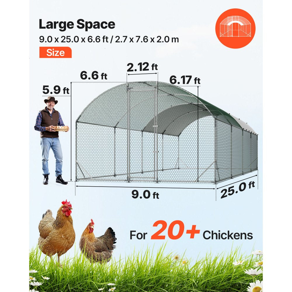 VEVOR Large Metal Chicken Coop, 9 x 25 x 6.6 ft, Walk-in Chicken Run House with Waterproof Cover & Sturdy Frame, Dome