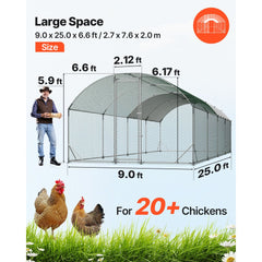 VEVOR Large Metal Chicken Coop, 9 x 25 x 6.6 ft, Walk-in Chicken Run House with Waterproof Cover & Sturdy Frame, Dome