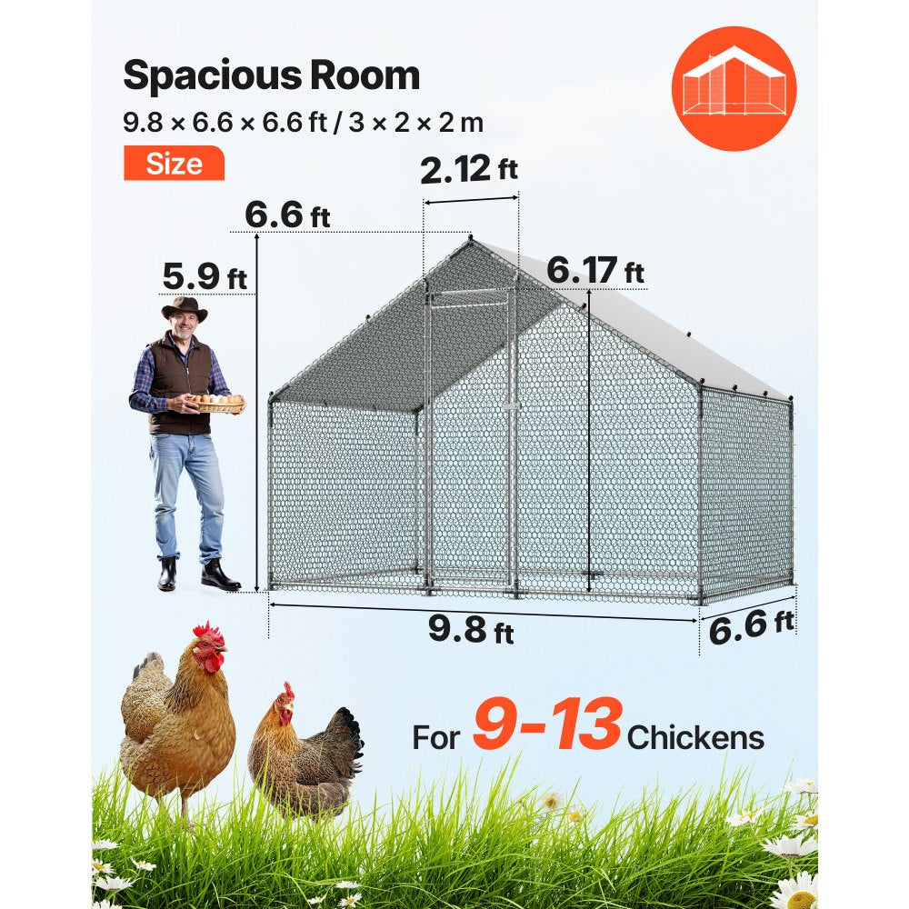 VEVOR Large Metal Chicken Coop, 9.8 x 6.6 x 6.6 ft, Walk-in Chicken Runs with Waterproof Cover, Spire Roof Hen House