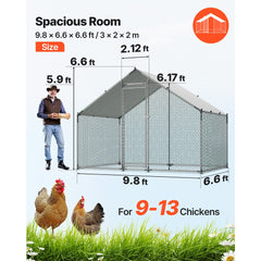 VEVOR Large Metal Chicken Coop, 9.8 x 6.6 x 6.6 ft, Walk-in Chicken Runs with Waterproof Cover, Spire Roof Hen House