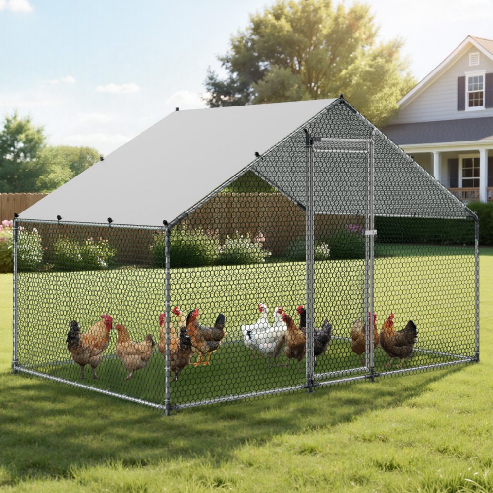 VEVOR Large Metal Chicken Coop, 9.8 x 6.6 x 6.6 ft, Walk-in Chicken Runs with Waterproof Cover, Spire Roof Hen House