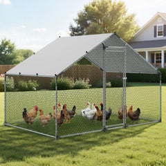 VEVOR Large Metal Chicken Coop, 9.8 x 6.6 x 6.6 ft, Walk-in Chicken Runs with Waterproof Cover, Spire Roof Hen House