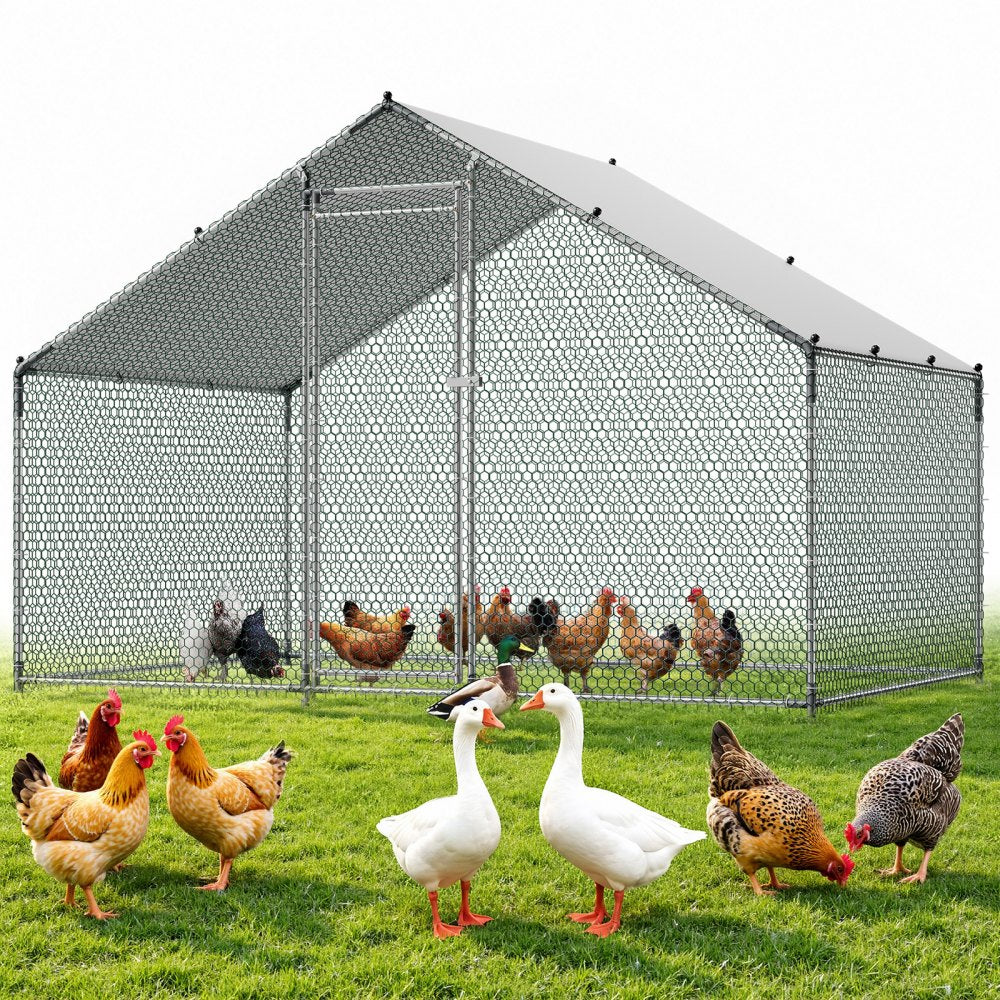 VEVOR Large Metal Chicken Coop, 9.8 x 6.6 x 6.6 ft, Walk-in Chicken Runs with Waterproof Cover, Spire Roof Hen House