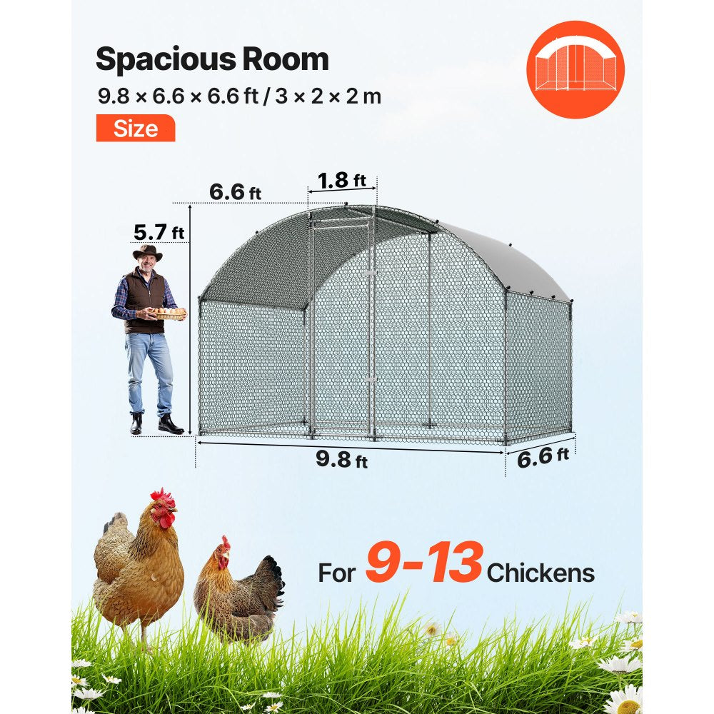 VEVOR Large Metal Chicken Coop 9.8x6.6x6.6 ft Walk-in Chicken Run House, Doom Roof Hen House Enclosure with Cover and