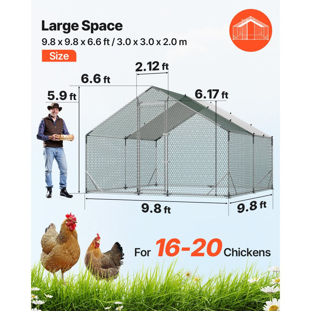 VEVOR Large Metal Chicken Coop, 9.8 x 9.8 x 6.6 ft, Walk-in Chicken Run House with Waterproof Cover & Sturdy Frame