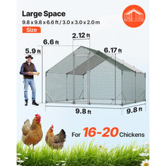 VEVOR Large Metal Chicken Coop, 9.8 x 9.8 x 6.6 ft, Walk-in Chicken Run House with Waterproof Cover & Sturdy Frame