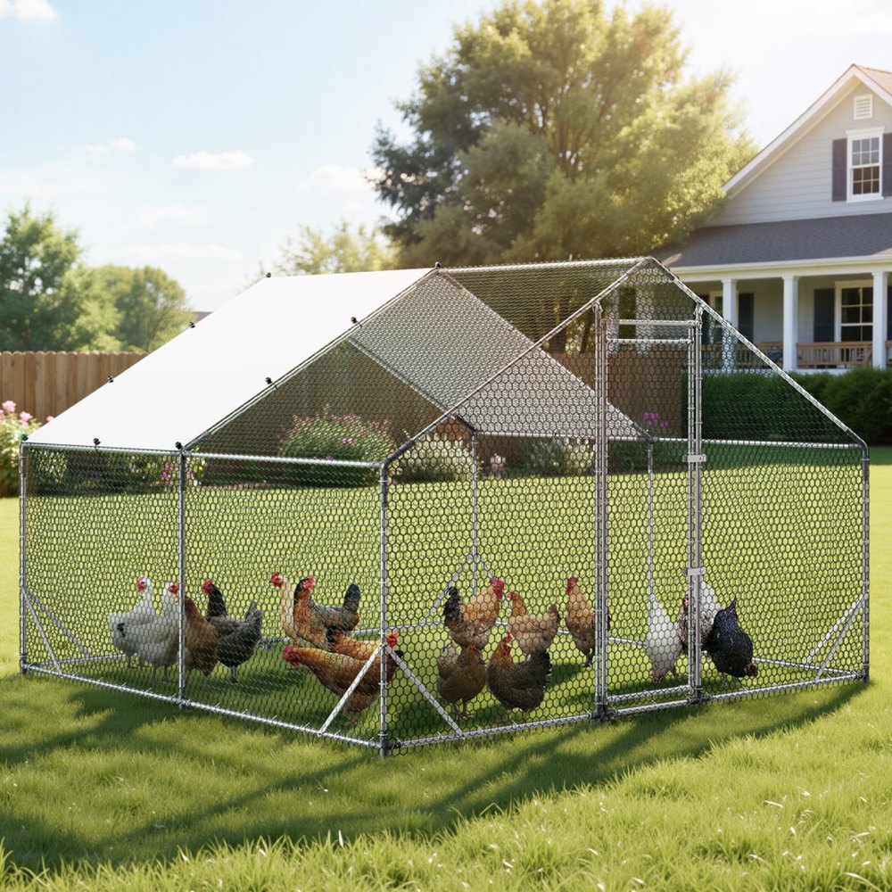 VEVOR Large Metal Chicken Coop, 9.8 x 9.8 x 6.6 ft, Walk-in Chicken Run House with Waterproof Cover & Sturdy Frame