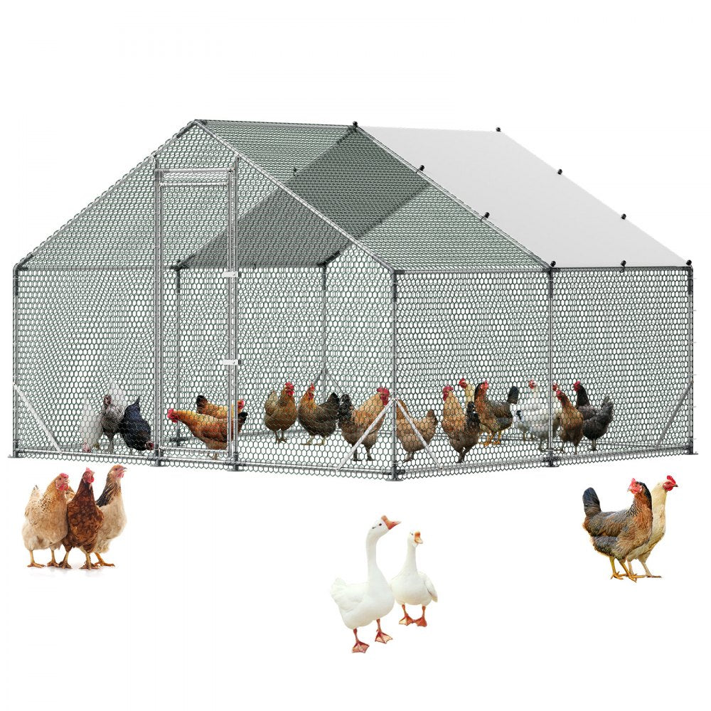VEVOR Large Metal Chicken Coop, 9.8 x 9.8 x 6.6 ft, Walk-in Chicken Run House with Waterproof Cover & Sturdy Frame