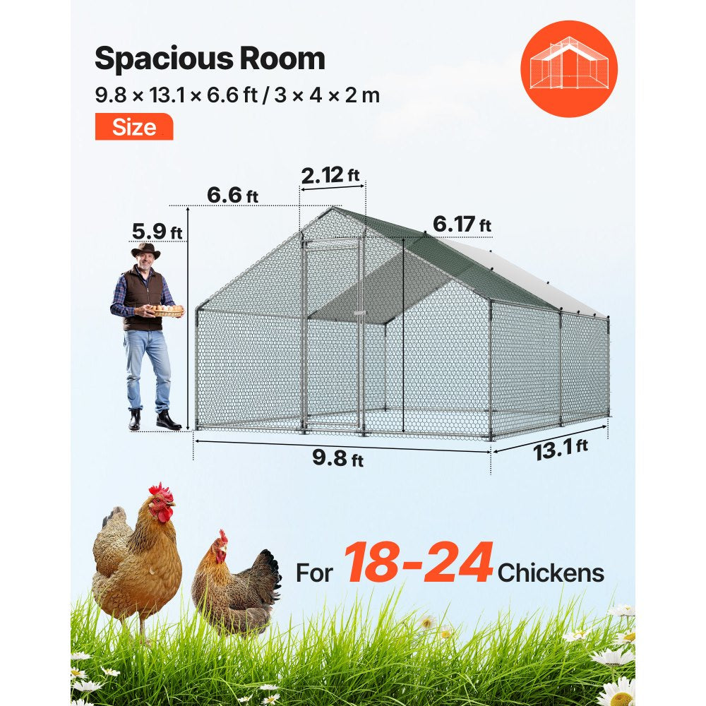 VEVOR Large Metal Chicken Coop, 9.8 x 13.1 x 6.6 ft, Walk-in Chicken Runs with Waterproof Cover, Spire Roof Hen House