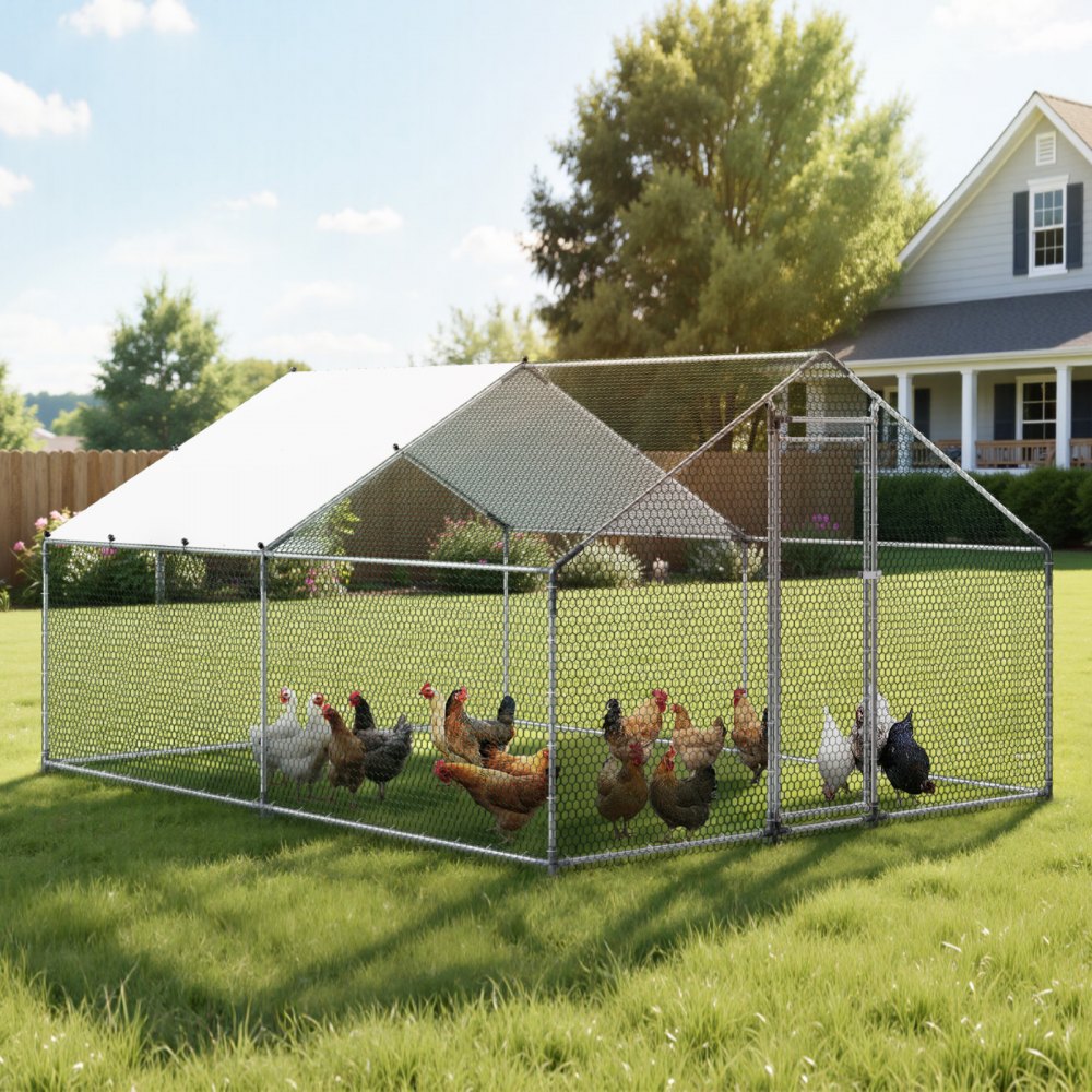 VEVOR Large Metal Chicken Coop, 9.8 x 13.1 x 6.6 ft, Walk-in Chicken Runs with Waterproof Cover, Spire Roof Hen House