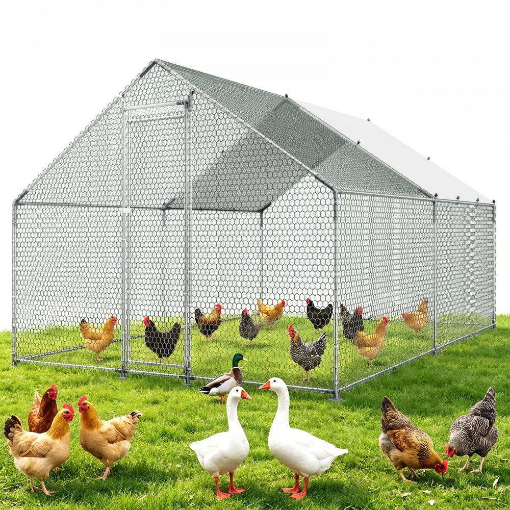VEVOR Large Metal Chicken Coop, 9.8 x 13.1 x 6.6 ft, Walk-in Chicken Runs with Waterproof Cover, Spire Roof Hen House