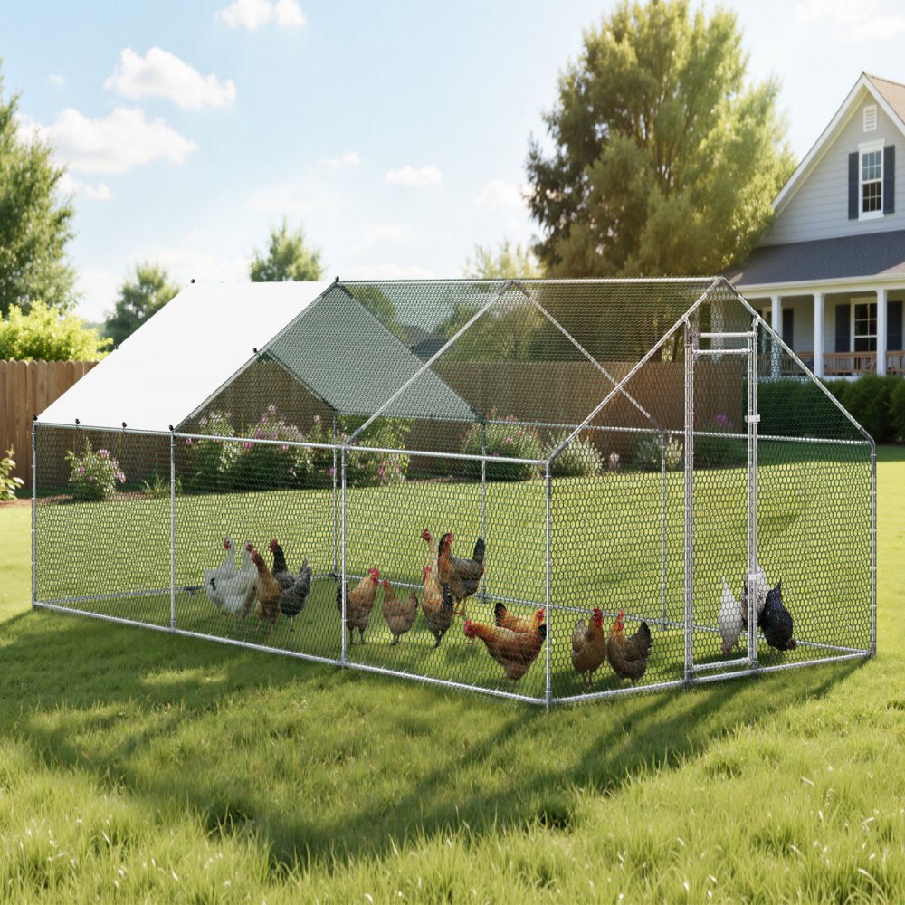VEVOR Large Metal Chicken Coop 9.8x19.5x6.6 ft Walk-in Chicken Run House, Spire Roof Hen House Enclosure with Cover and
