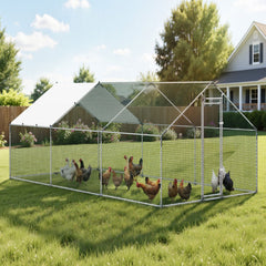 VEVOR Large Metal Chicken Coop 9.8x19.5x6.6 ft Walk-in Chicken Run House, Spire Roof Hen House Enclosure with Cover and