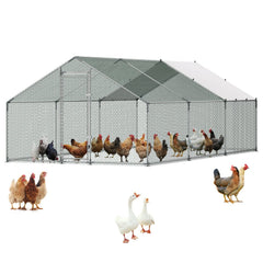VEVOR Large Metal Chicken Coop 9.8x19.5x6.6 ft Walk-in Chicken Run House, Spire Roof Hen House Enclosure with Cover and