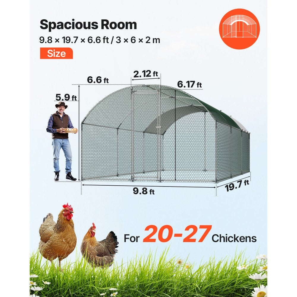 VEVOR Large Metal Chicken Coop, 9.8 x 19.7 x 6.6 ft, Walk-in Chicken Runs with Waterproof Cover, Dome Roof Hen House