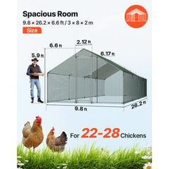 VEVOR Large Metal Chicken Coop, 9.8 x 26.2 x 6.6 ft, Walk-in Chicken Runs with Waterproof Cover, Spire Roof Hen House