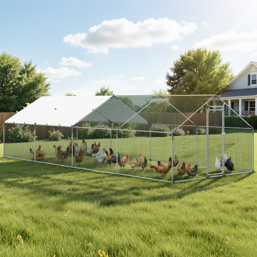 VEVOR Large Metal Chicken Coop, 9.8 x 26.2 x 6.6 ft, Walk-in Chicken Runs with Waterproof Cover, Spire Roof Hen House