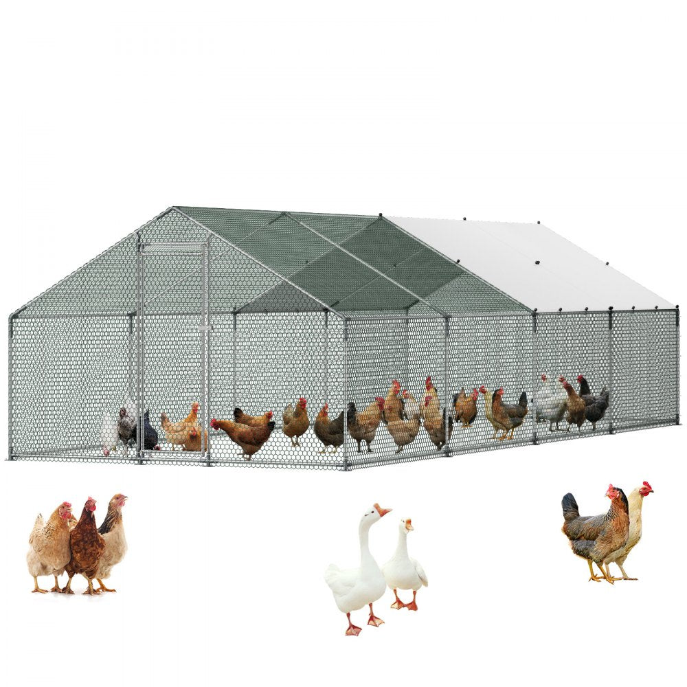 VEVOR Large Metal Chicken Coop, 9.8 x 26.2 x 6.6 ft, Walk-in Chicken Runs with Waterproof Cover, Spire Roof Hen House