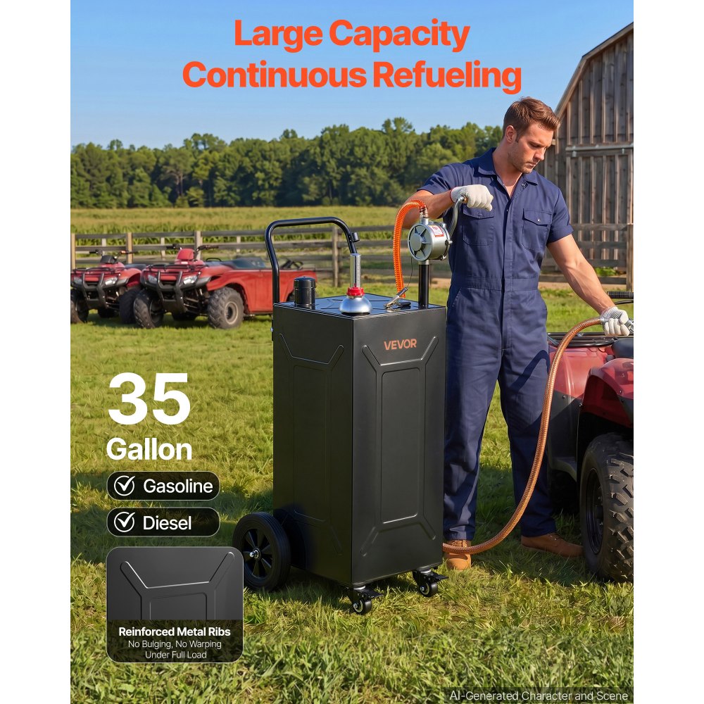 VEVOR 35 Gallon Fuel Gas Caddy, Carbon Steel, Portable Fuel Transfer Storage Tank with Manual Pump & 4 Wheels, Gasoline